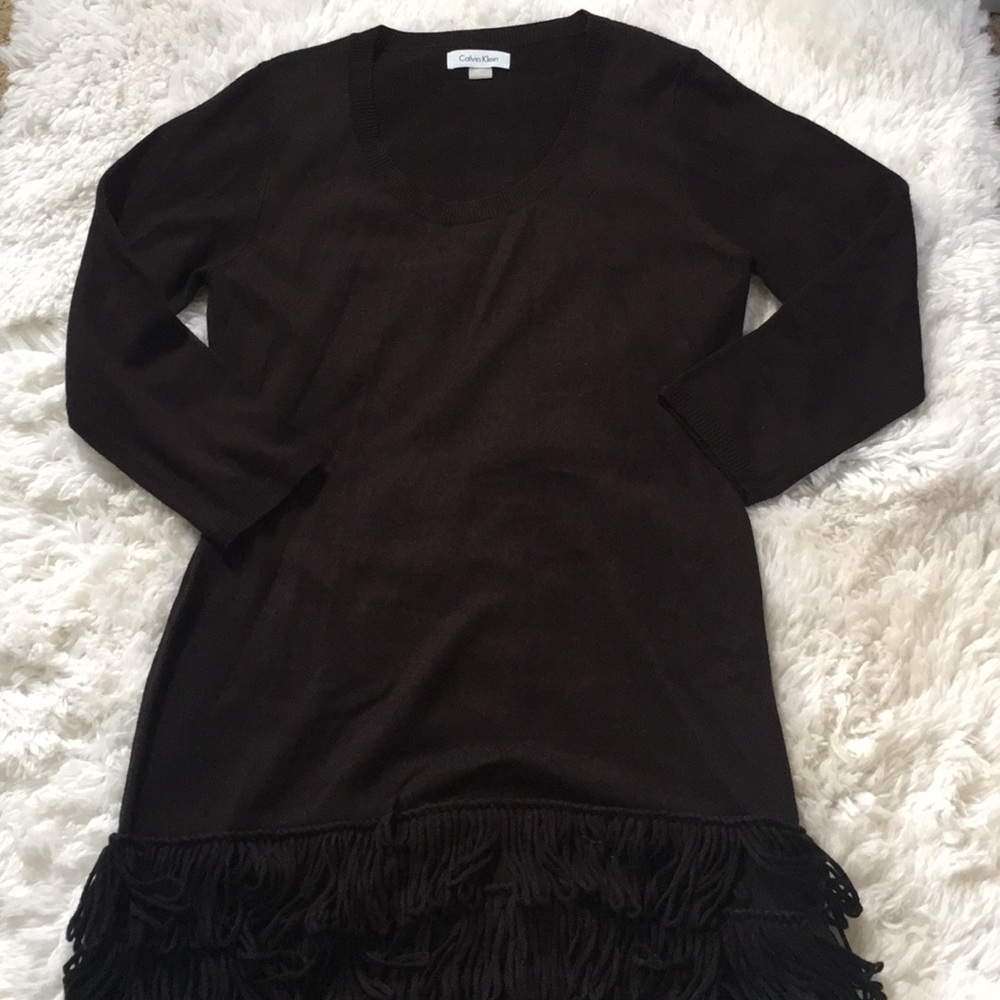 black calvin klein sweater dress w/ fringe detail